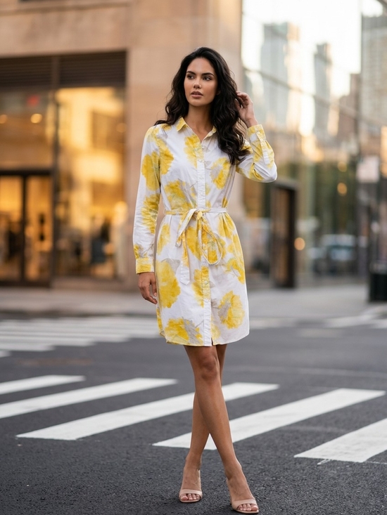 Liz Claiborne Dresses & Skirts - Liz Claiborne White and Yellow Tie-Waist Shirt Dress